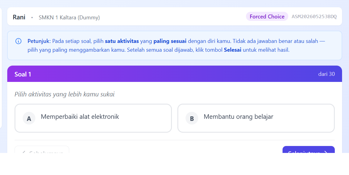 Tampilan Soal Tahap 2 (Forced Choice)